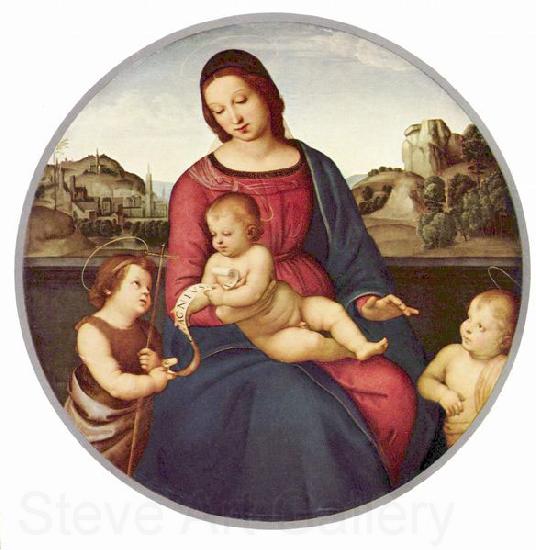 RAFFAELLO Sanzio Madonna Terranuova, Szene: Maria mit Christuskind und zwei Heiligen, Tondo Norge oil painting art